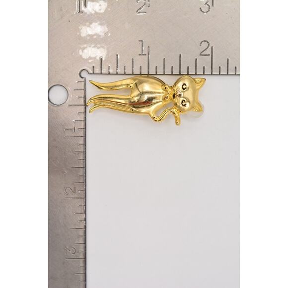 Vintage Cat Pin Brooch Pretty Gold Tone Shiny Metallic 1980s BinAJ - Picture 12 of 12
